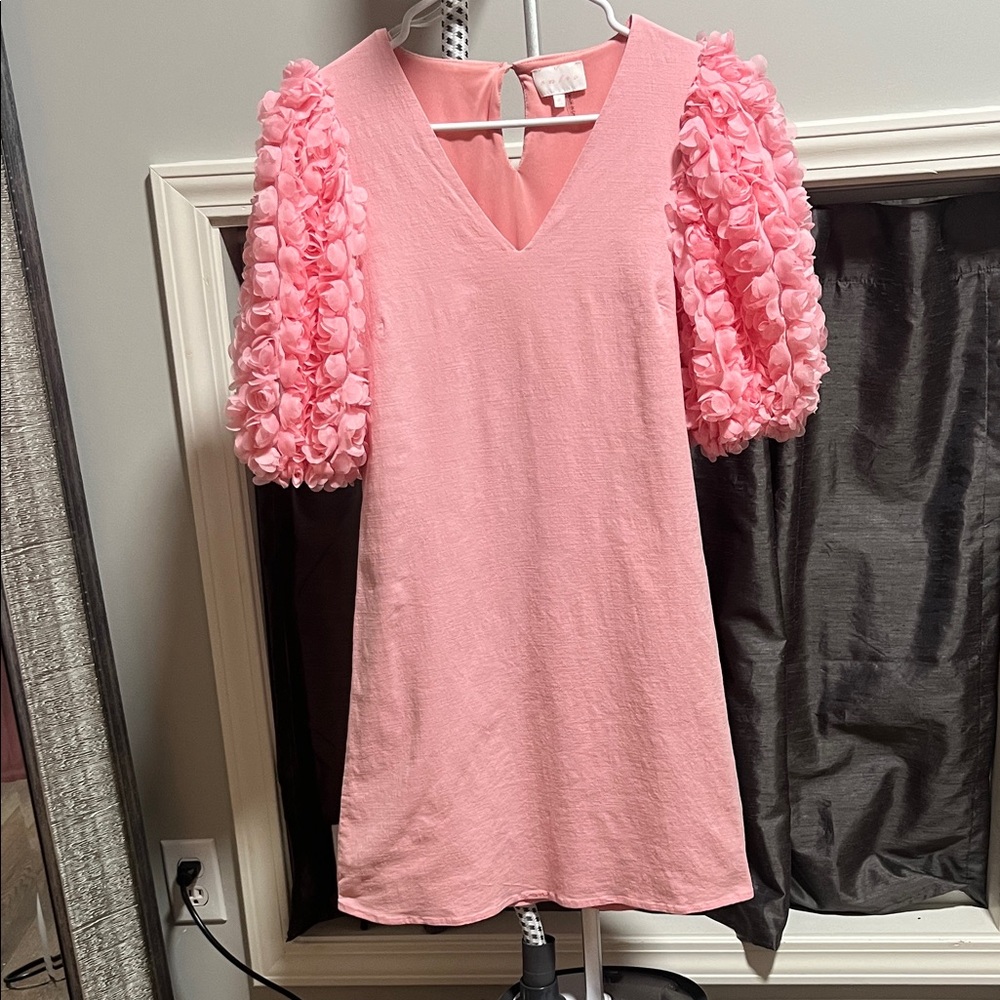 Entro Pink V-Neck Blouse with Textured Sleeves